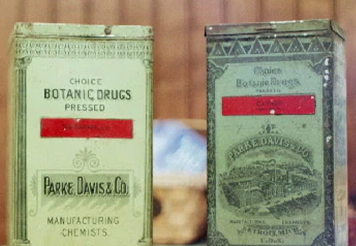 Vintage cannabisverpakking van Parke, Davis & Co. uit de 19e eeuw. Toont vroege farmaceutische verpakkingen voordat cannabis gereguleerd werd.