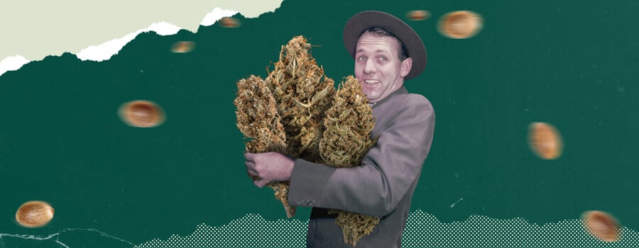 Opgewonden cannabiskoper die grote cannabis toppen vasthoudt tijdens Green Wednesday 2024, het antwoord van de cannabisindustrie op Black Friday.