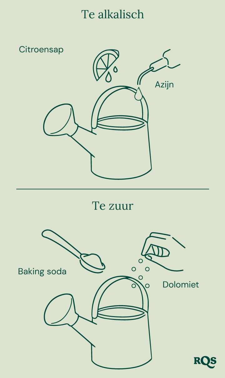 Handleiding voor het aanpassen van de pH van de bodem: citroen en azijn om de pH te verhogen ('Te alkalisch'), baking soda en dolomiet om de pH te verlagen ('Te zuur'). 