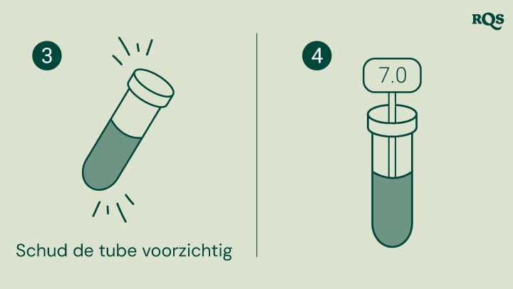 Instructies voor het testen van de pH van de bodem: schud de reageerbuis voorzichtig en vergelijk de kleur van de vloeistof met een grafiek om de pH van de bodem te bepalen. De afbeelding toont een reageerbuis met een pH van 7,0, wat op neutrale grond wijst.