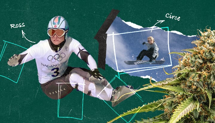 Een collage met de professionele snowboarders Ross Rebagliati en Circe Wallace, bekend om hun pleidooi voor cannabis naast hun snowboardcarrière.