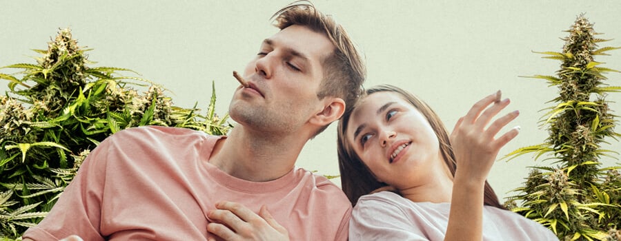 Een man in een roze shirt rookt een brandende joint en een lachende vrouw in een wit shirt ontspannen samen, omringd door weelderige cannabisplanten, wat de verbinding tussen cannabiscultuur en ontspanning benadrukt.