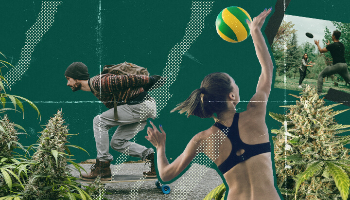 Een collage van mensen die Ultimate Frisbee, beachvolleybal en longboarden spelen terwijl ze high zijn, die het plezier en het lachen van het sporten onder invloed van cannabis weergeeft.