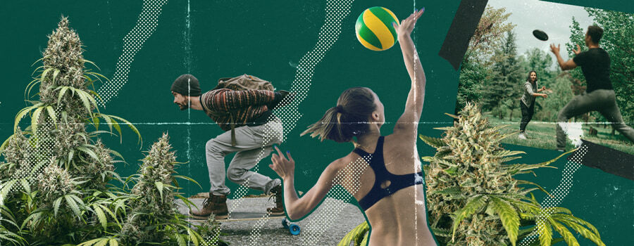 Een collage van mensen die Ultimate Frisbee, beachvolleybal en longboarden spelen terwijl ze high zijn, die het plezier en het lachen van het sporten onder invloed van cannabis weergeeft.