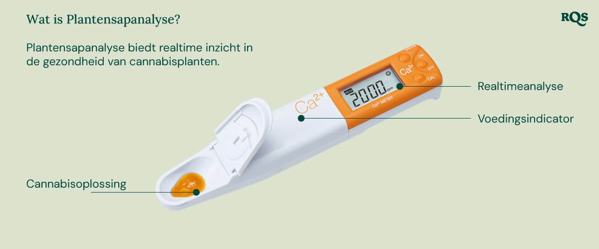 "Een witte plantensap-analyzer met een gele lepel wordt gebruikt om de nutriënten niveaus in een cannabisplant te meten. Het apparaat analyseert calcium-, magnesium- en kaliumwaarden en helpt kwekers de plantvoeding en gezondheid te optimaliseren.  "