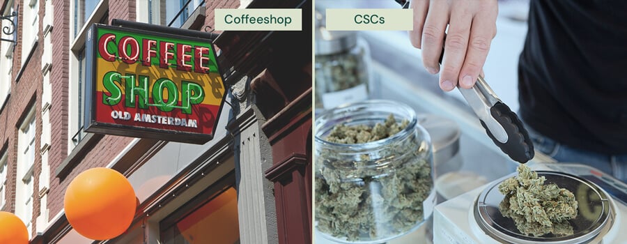 Zij-aan-zij vergelijking van een Nederlands coffeeshopbord met de tekst 