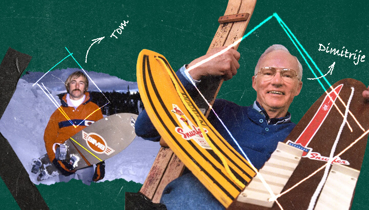  Historische collage die de evolutie van snowboarden laat zien, van de bescheiden beginselen met de Snurfer tot een Olympische sport. Vintage board-ontwerpen en de evolutie van de bindingen zijn zichtbaar.