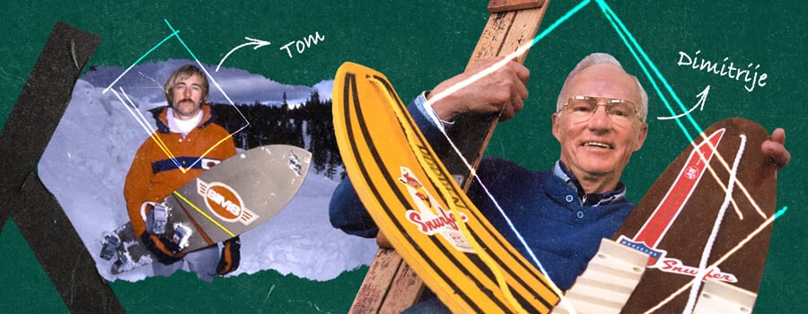  Historische collage die de evolutie van snowboarden laat zien, van de bescheiden beginselen met de Snurfer tot een Olympische sport. Vintage board-ontwerpen en de evolutie van de bindingen zijn zichtbaar.