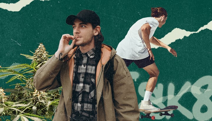 Jonge man die een cannabisjoint rookt en een skateboarder in actie.