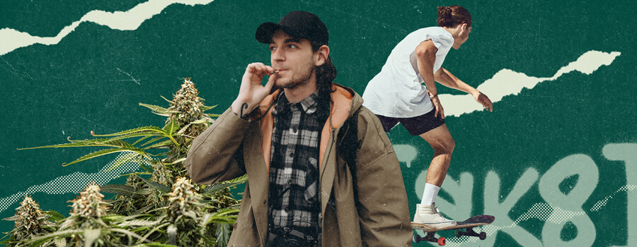 Jonge man die een cannabisjoint rookt en een skateboarder in actie.