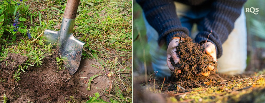 Vergelijking van tuinmethoden: Linker afbeelding van intensieve tuinbouw in een gestructureerde opstelling, rechter afbeelding van extensieve tuinbouw op een open veld.