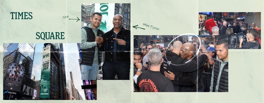 "Een collage van foto's gerelateerd aan Times Square in New York City, met het iconische Times Square-billboard, een foto van Mike Tyson en beelden van mensen die genieten van de levendige sfeer van Times Square.  "