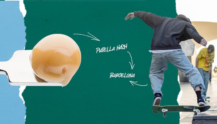 Collage met aan de linkerkant een stuk hasj op een metalen spatel en aan de rechterkant een skater die een truc uitvoert in Barcelona.